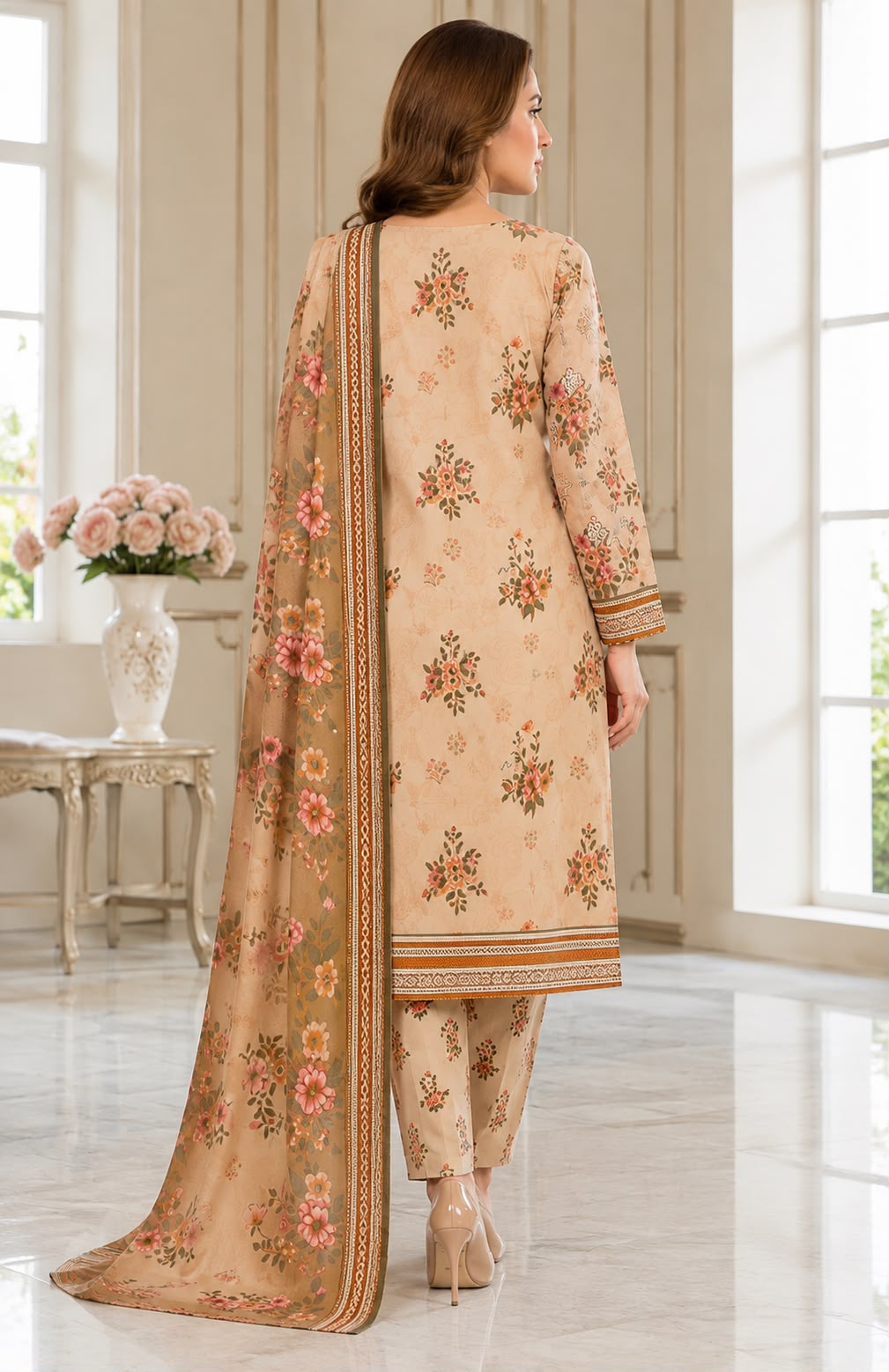Embroidered Lawn 3-Piece Suit with Chiffon Dupatta – Floral Print & Sequins Detailing
