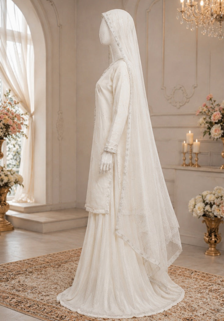 ✨ Ivory Pearl Embroidered Gharara 3-Piece Suit