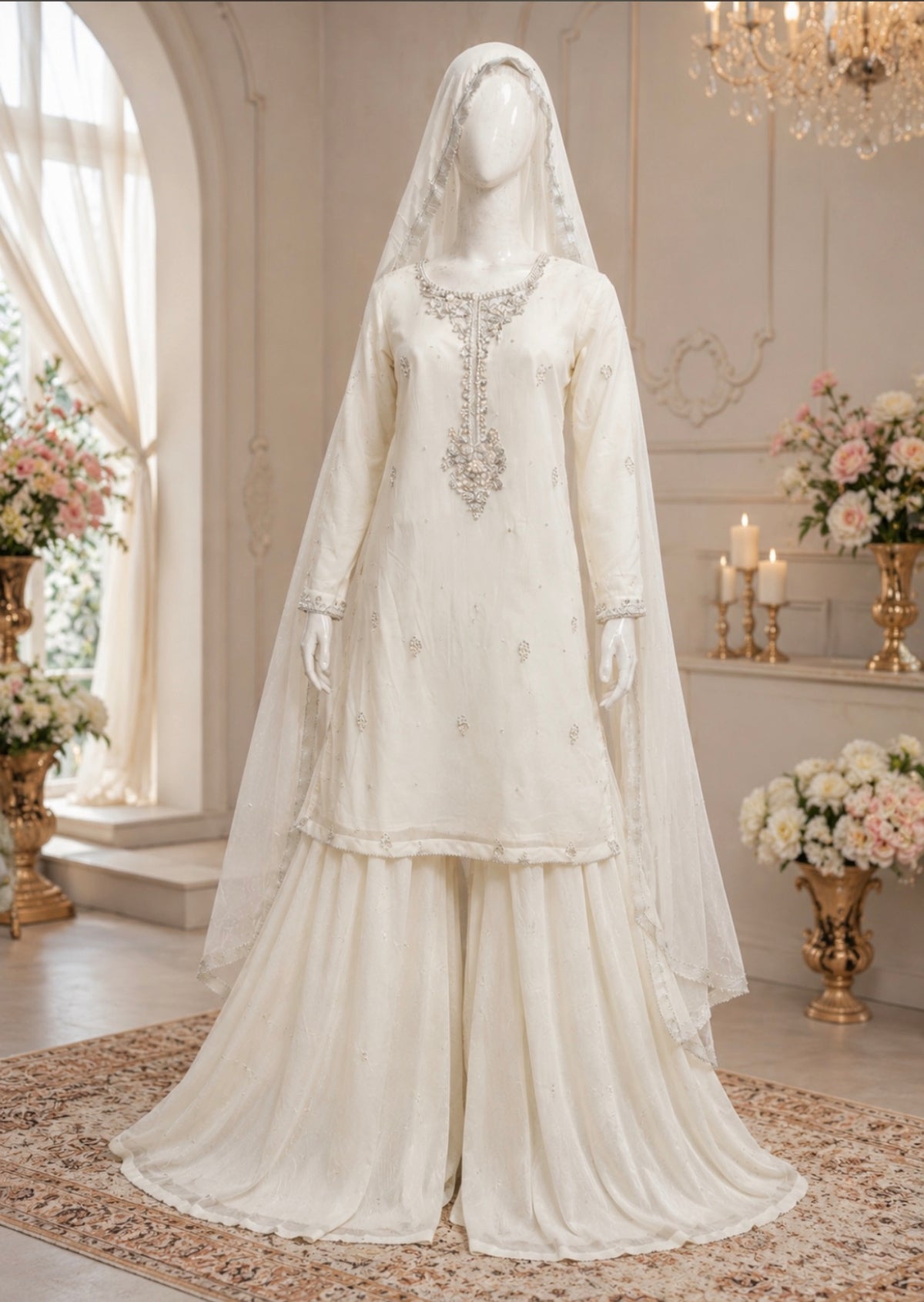 ✨ Ivory Pearl Embroidered Gharara 3-Piece Suit