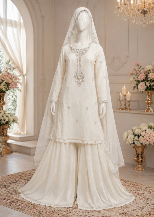 ✨ Ivory Pearl Embroidered Gharara 3-Piece Suit