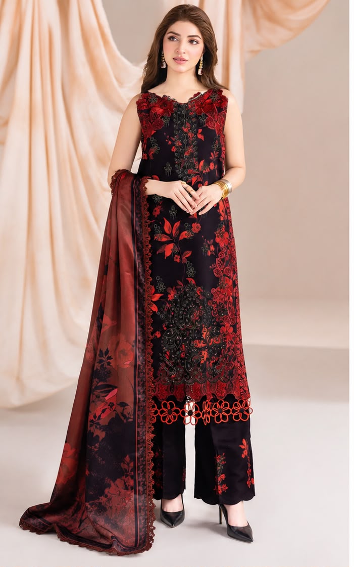 3-Piece Elegant Printed lawn Sleeveless suit