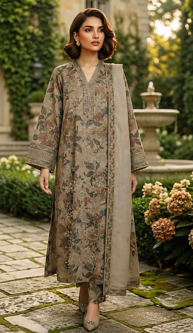 Printed Lawn 3-Piece Suit with Chiffon Dupatta