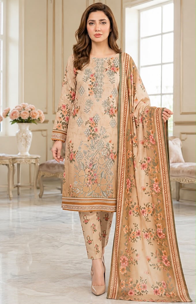 Embroidered Lawn 3-Piece Suit with Chiffon Dupatta – Floral Print & Sequins Detailing